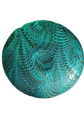 Turkish Akcam Decorative Glass Plate Bowl Swirling Teal Peacock Pattern 12" Diam